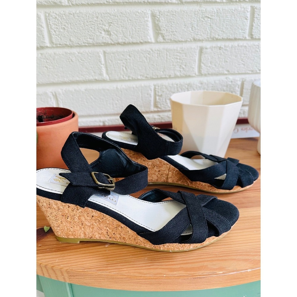 Maresophis Black Canvas‎ Cork Wedge Sandals Ankle Strap Crisscross Toe XL